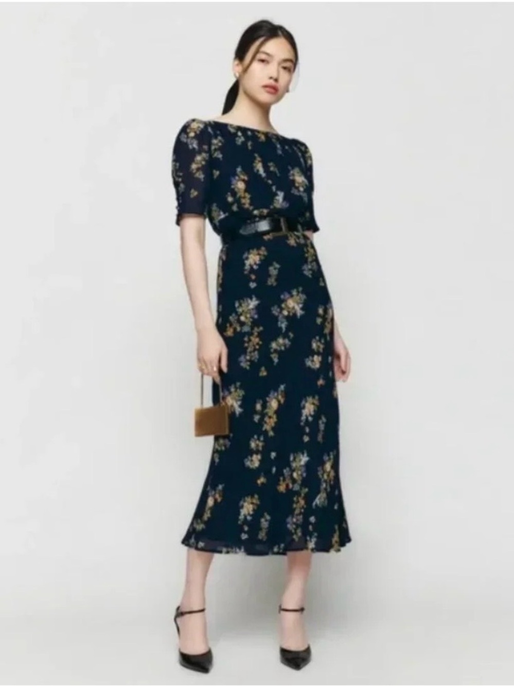Reformation Ozzy Navy Floral Midi Dress